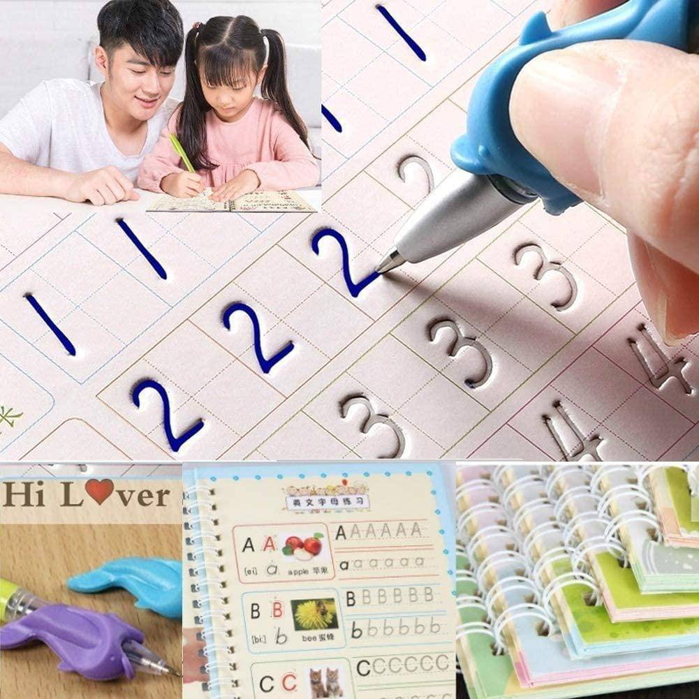 Sank Magic Practice Copy Book Set for Kids (4 Books + 1 Magic Pen + 10 Refills) Reusable Handwriting Improvement & Number Tracing Book for Preschool Learning, Ages 3+