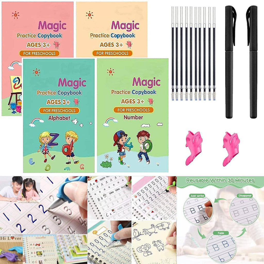 Sank Magic Practice Copy Book Set for Kids (4 Books + 1 Magic Pen + 10 Refills) Reusable Handwriting Improvement & Number Tracing Book for Preschool Learning, Ages 3+