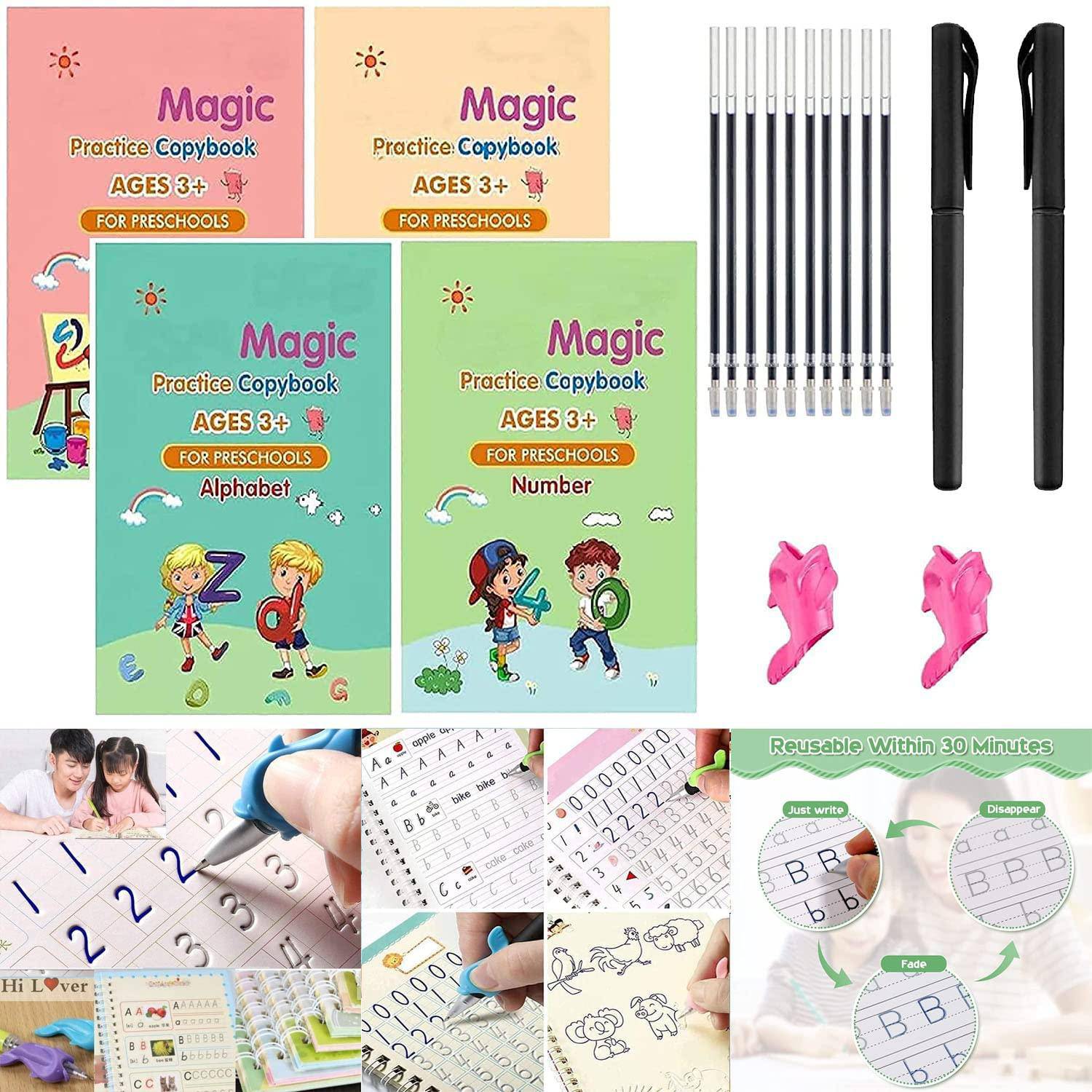 Sank Magic Practice Copy Book Set for Kids (4 Books + 1 Magic Pen + 10 Refills) Reusable Handwriting Improvement & Number Tracing Book for Preschool Learning, Ages 3+