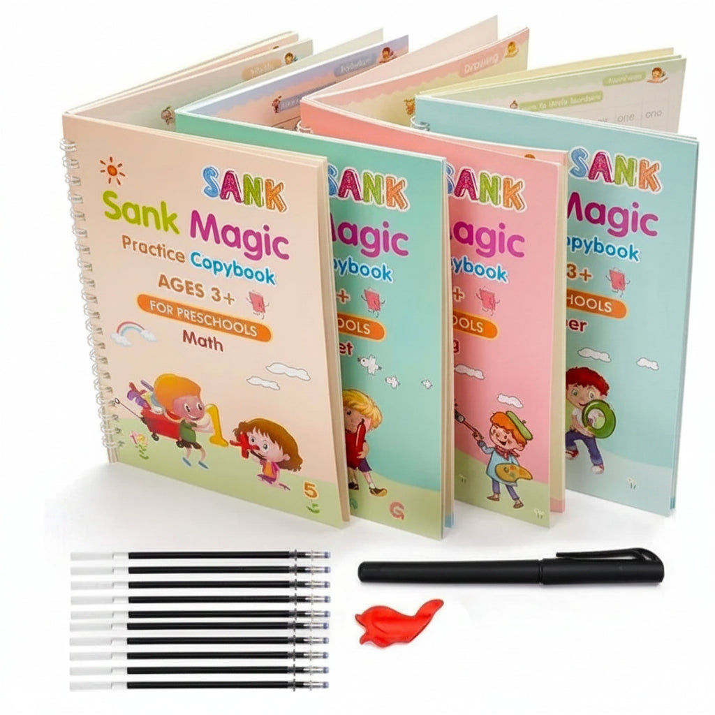 Sank Magic Practice Copy Book Set for Kids (4 Books + 1 Magic Pen + 10 Refills) Reusable Handwriting Improvement & Number Tracing Book for Preschool Learning, Ages 3+