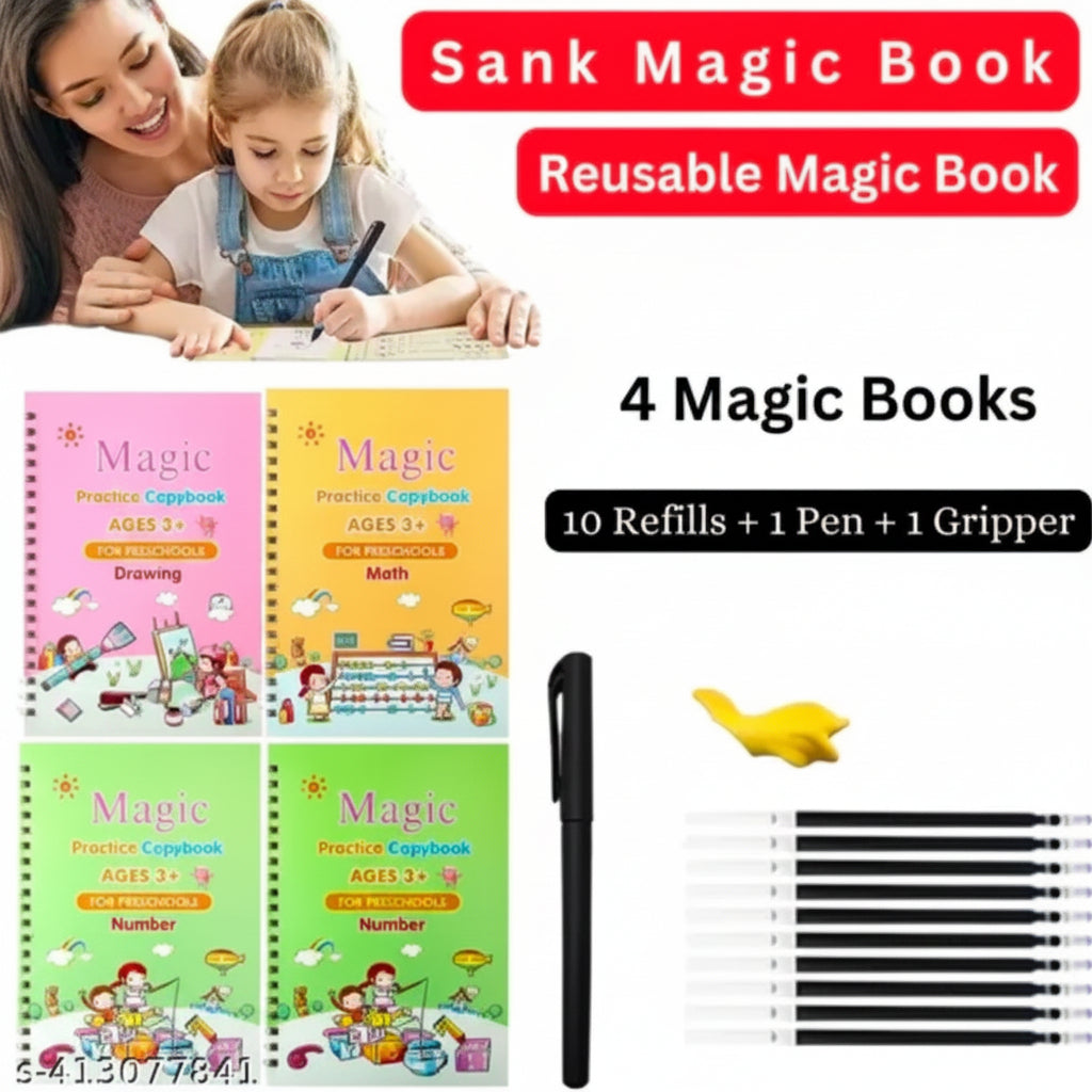 Sank Magic Practice Copy Book Set for Kids (4 Books + 1 Magic Pen + 10 Refills) Reusable Handwriting Improvement & Number Tracing Book for Preschool Learning, Ages 3+