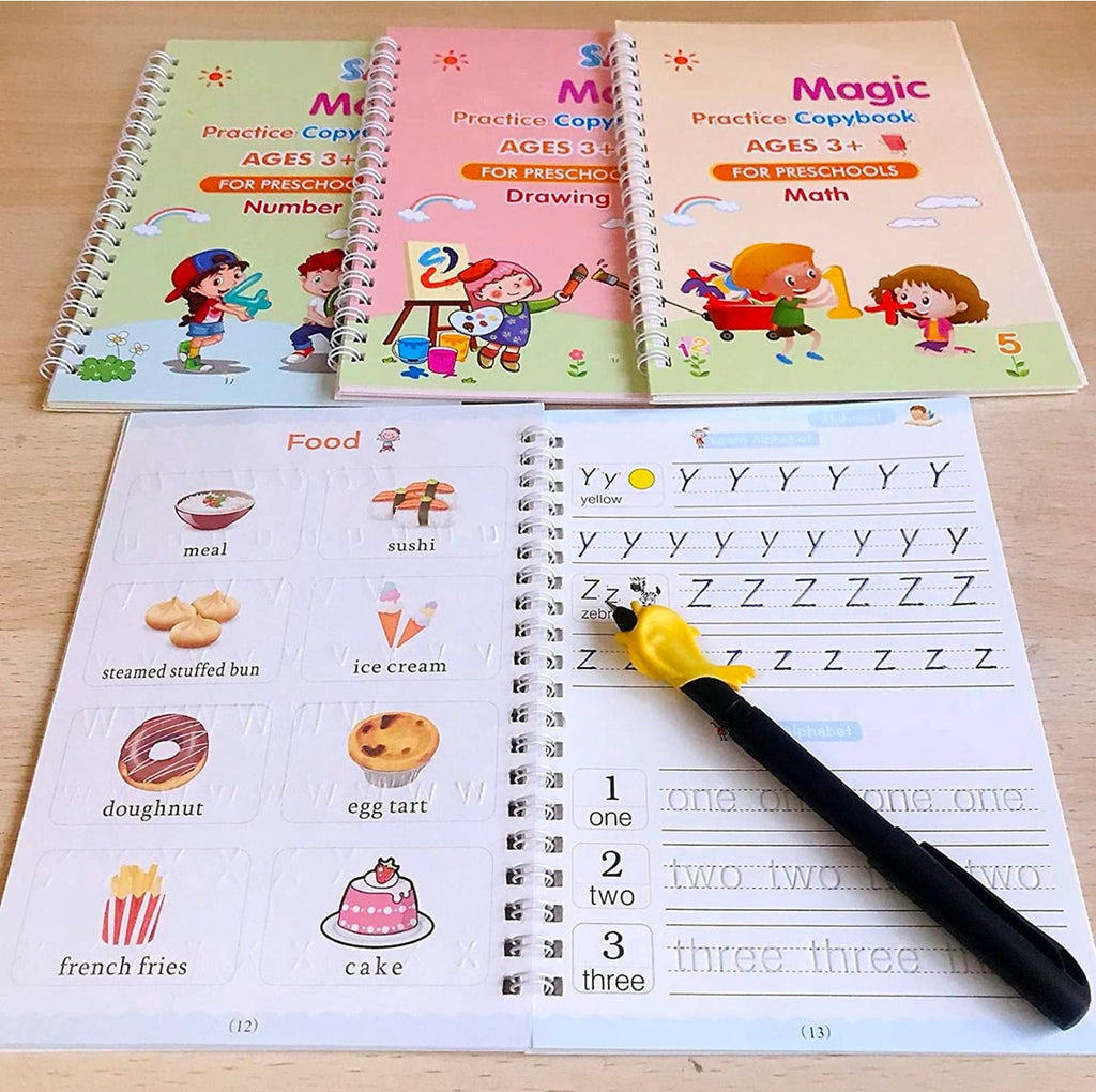 Sank Magic Practice Copy Book Set for Kids (4 Books + 1 Magic Pen + 10 Refills) Reusable Handwriting Improvement & Number Tracing Book for Preschool Learning, Ages 3+