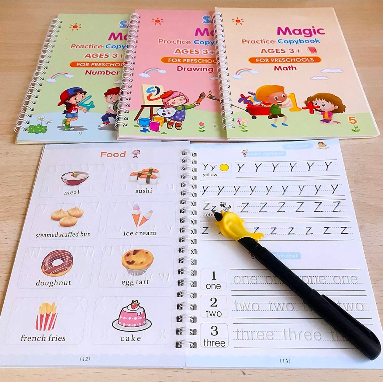Sank Magic Practice Copy Book Set for Kids (4 Books + 1 Magic Pen + 10 Refills) Reusable Handwriting Improvement & Number Tracing Book for Preschool Learning, Ages 3+