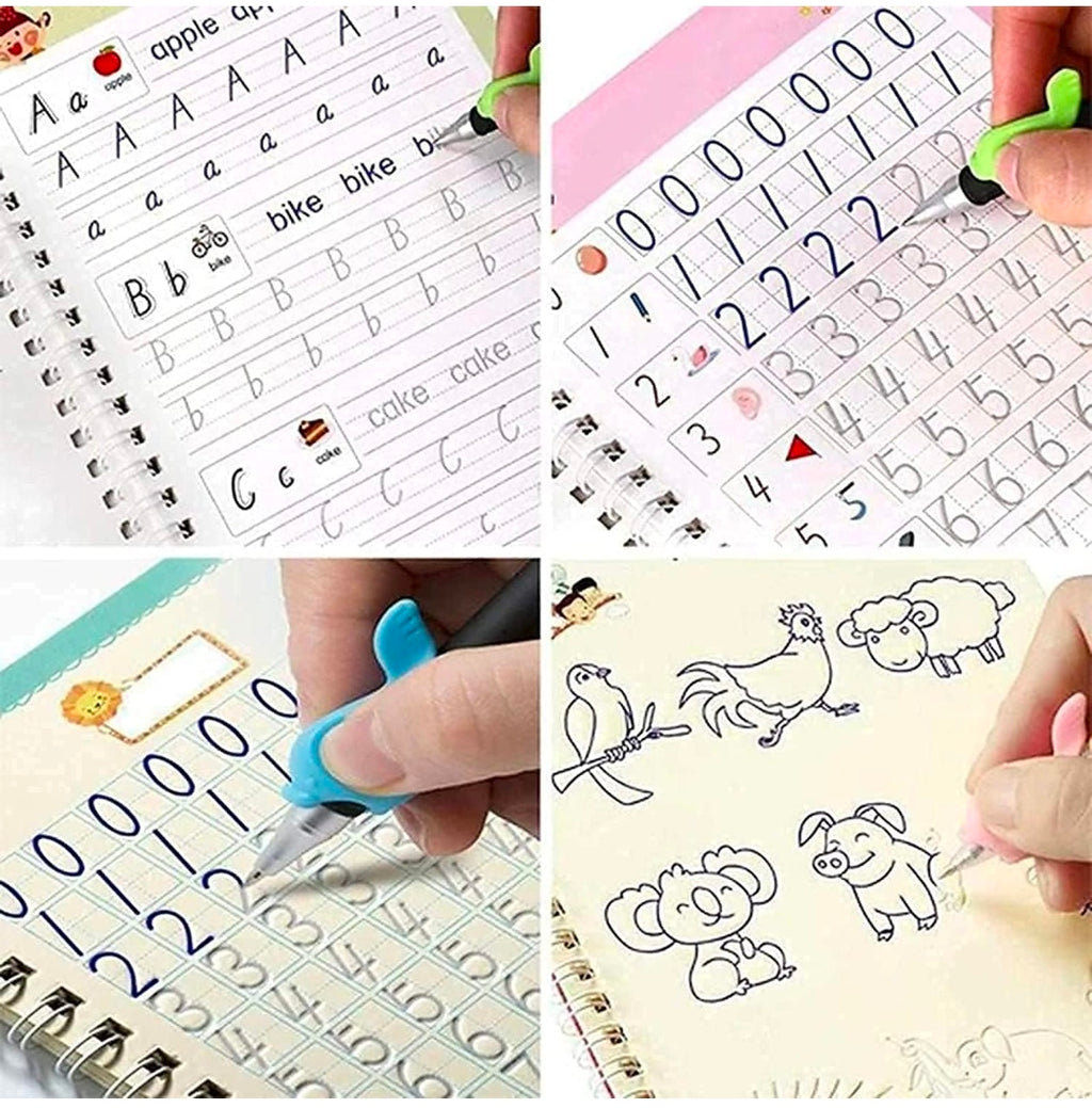 Sank Magic Practice Copy Book Set for Kids (4 Books + 1 Magic Pen + 10 Refills) Reusable Handwriting Improvement & Number Tracing Book for Preschool Learning, Ages 3+