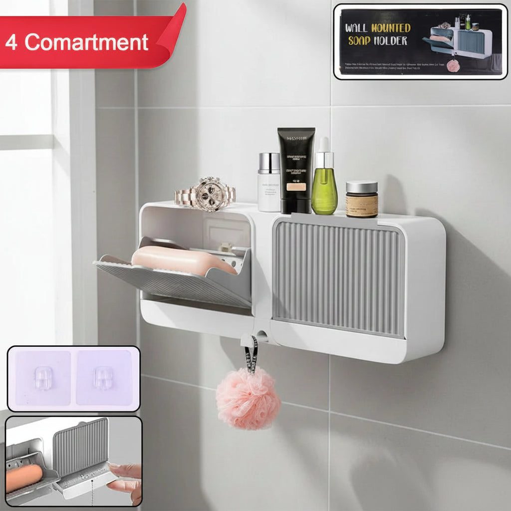 Wall Mounted 4-Compartment Bathroom Storage & Soap Holder Organizer Rack Multipurpose Shelf