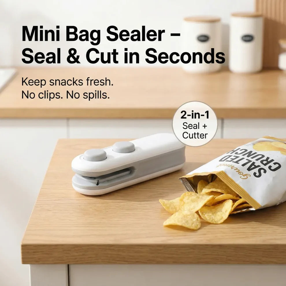 Mini Bag Sealer 2-in-1 Heat Seal & Cutter USB Rechargeable Portable Food Sealer