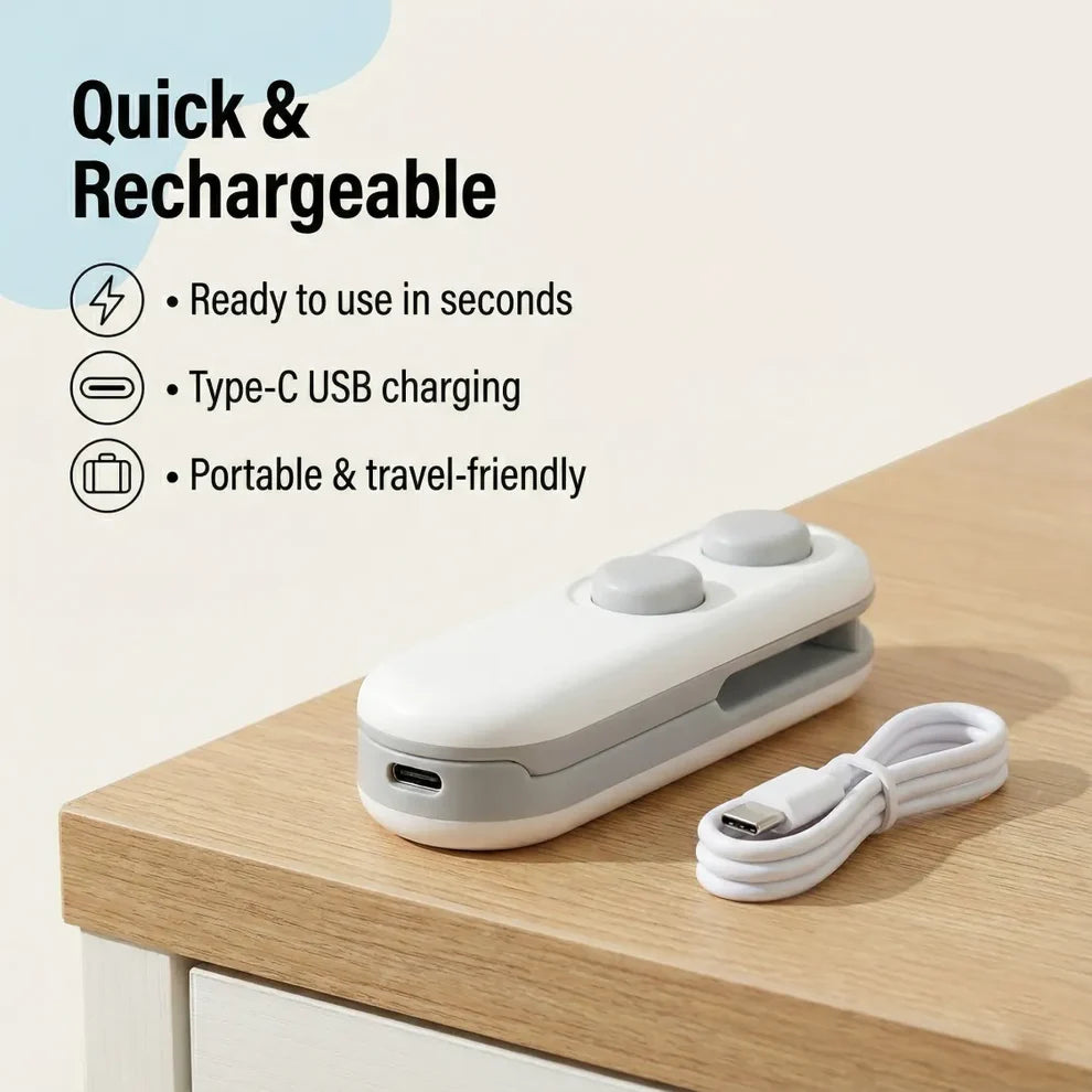 Mini Bag Sealer 2-in-1 Heat Seal & Cutter USB Rechargeable Portable Food Sealer