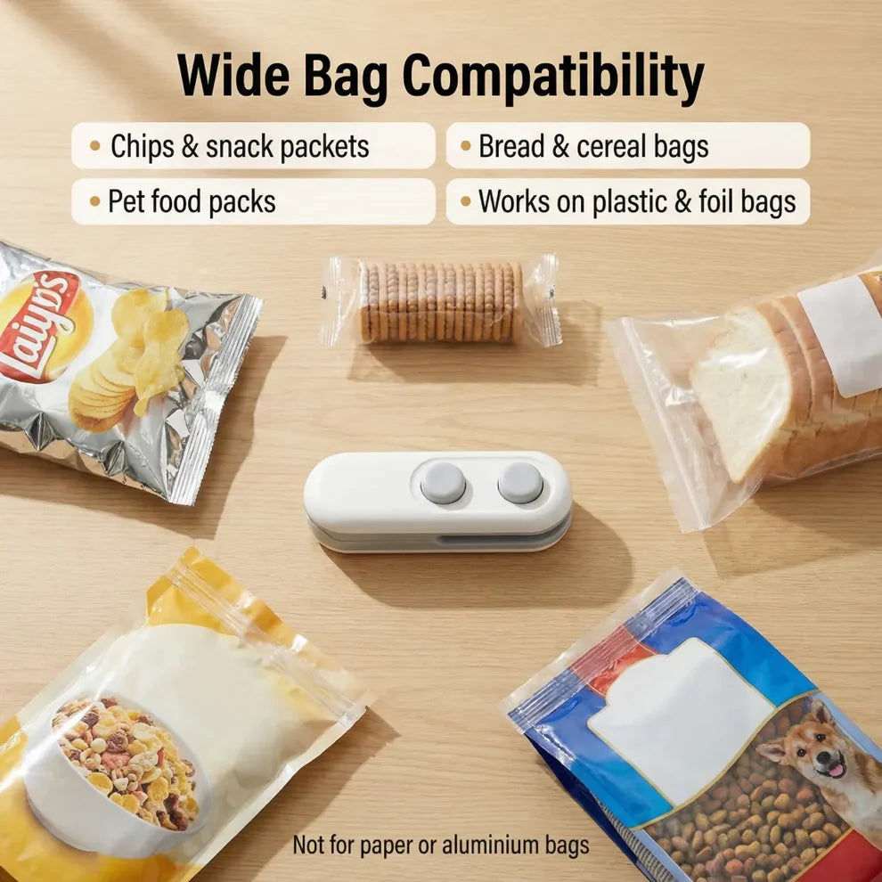 Mini Bag Sealer 2-in-1 Heat Seal & Cutter USB Rechargeable Portable Food Sealer